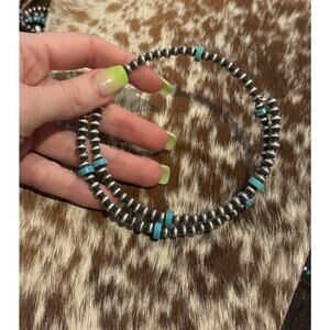 Native American Sterling Silver 5mm Navajo Pearl Turquoise Choker Necklace 14”